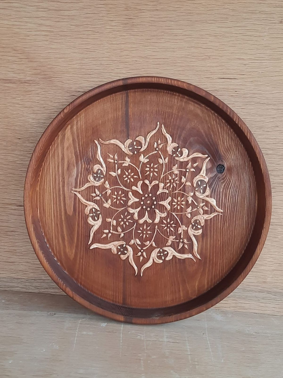 Ornate Wooden Tray – 33 cm Diameter